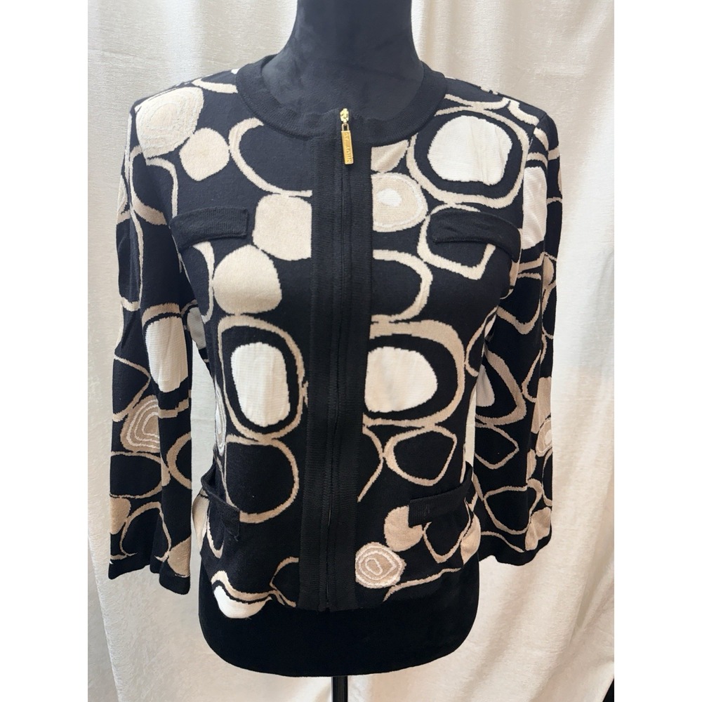 St. John Caviar Zip Sweater Long Sleeve Knit Black Tan Women's M Wool Geometric